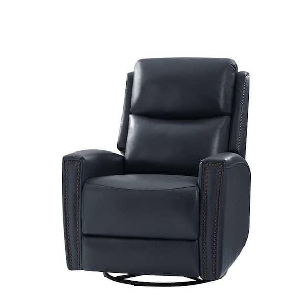 JAYDEN CREATION Regina 30.31 in. Wide Navy Genuine Leather Swivel Rocker Recliner with Nailhead Trims