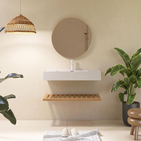 36 in. White Acrylic Wall-Mounted Bathroom Vessel Sink and Shelf