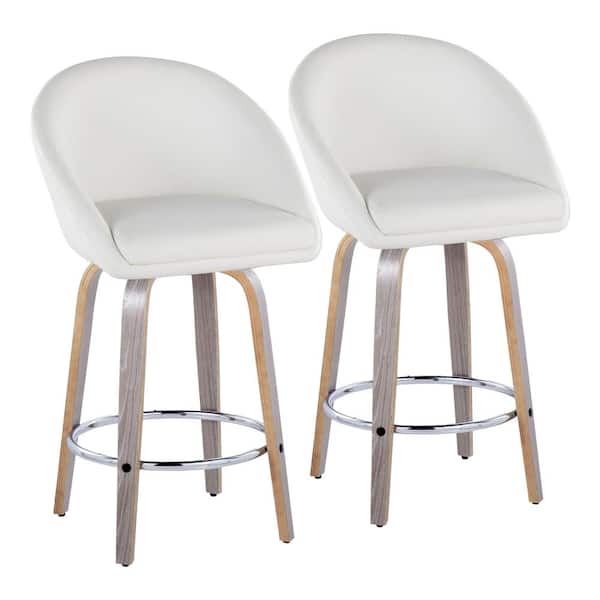 LumiSource Matisse Highback 26 in. White Faux Leather, Light Grey Wood, and Chrome Metal Fixed-Height Counter Stool (Set of 2)