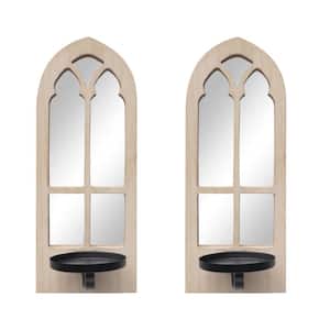 Farmhouse Natural Wood Candle Sconces Wall Decor with Mirror (Set of 2)