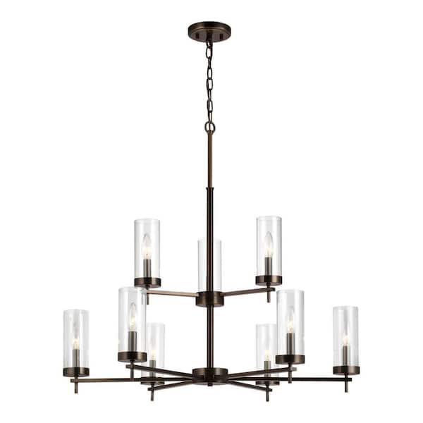 Generation Lighting Zire 9-Light Brushed Oil Rubbed Bronze Modern Minimalist Hanging Candlestick Chandelier with Clear Glass Shades