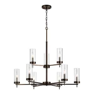 Zire 9-Light Brushed Oil Rubbed Bronze Candlestick Chandelier with Clear Glass Shades and Dimmable Candelabra LED Bulbs
