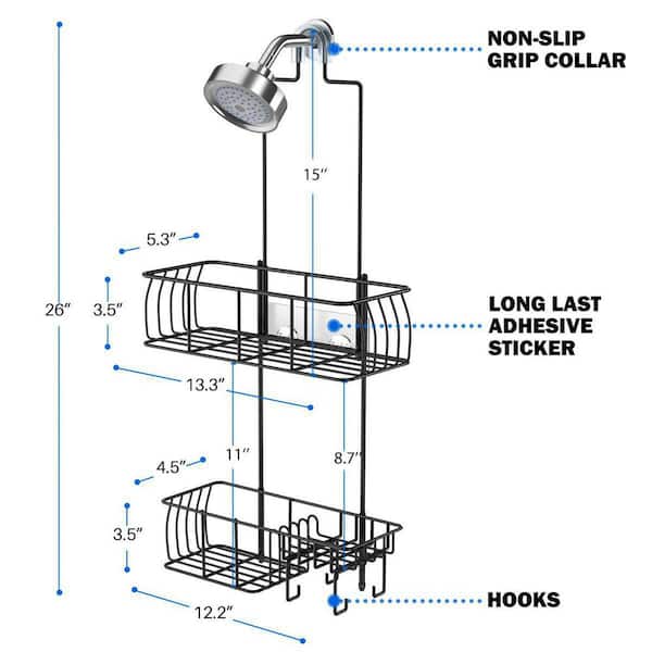 Epicano Shower Caddy Hanging, Anti-Swing Over Head Shower Caddy Rustproof with Hooks for Towels, Sponge and More, Matte Black