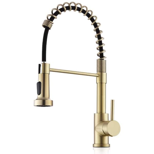 Brushed Gold 17.7 in. H Pull Out Sprayer Kitchen Faucet with Advanced Spray Single Handle Stainless Steel Sink Faucet