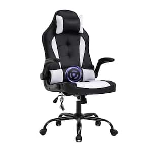 Faux Leather Black and White Ergonomic Massage Gaming Chair, Adjustable Headrest Pillow, Padded Armrest, Lumber Support