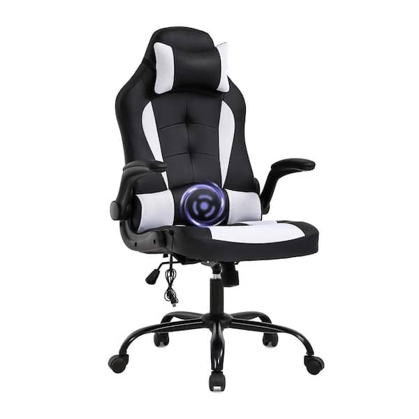 ProHT Faux Leather Black and White Ergonomic Massage Gaming Chair, Adjustable Headrest Pillow, Padded Armrest, Lumber Support