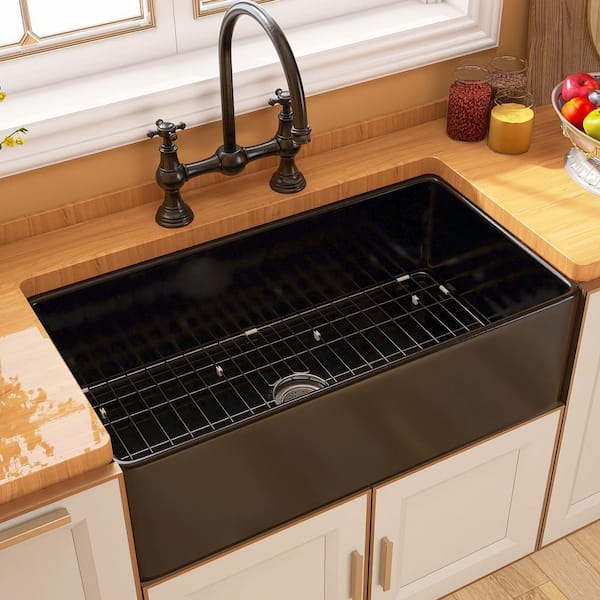Staykiwi 33 in. Farmhouse Single Bowl Black Fireclay Kitchen Sink with Bottom Grids