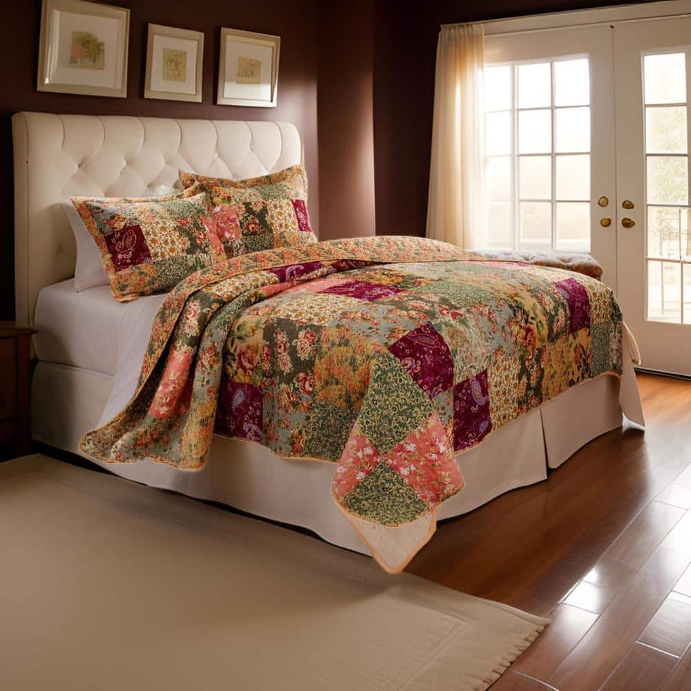 Multicolor Floral Patchwork Queen Microfiber Quilt Set