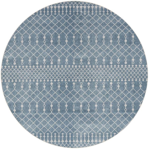 Astra Machine Washable Blue 8 ft. x 8 ft. Moroccan Transitional Round Area Rug