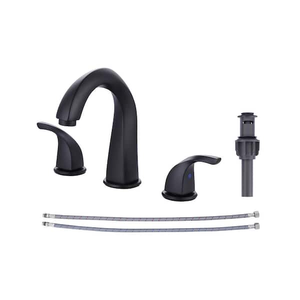 WOWOW 8 in. Widespread Double Handle Bathroom Faucet for 3-Holes with Pop-up Drain Assembly and Supply Lines in Matte Black