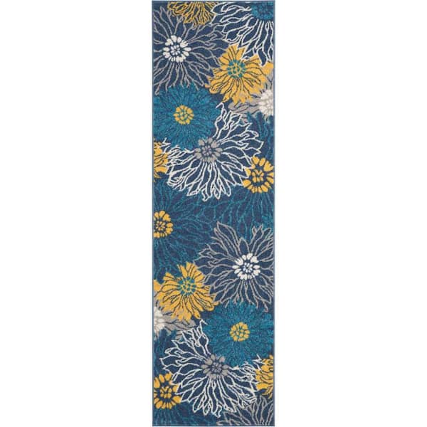 Nourison Passion Blue 2 ft. x 8 ft. Floral Contemporary Kitchen Runner Area Rug