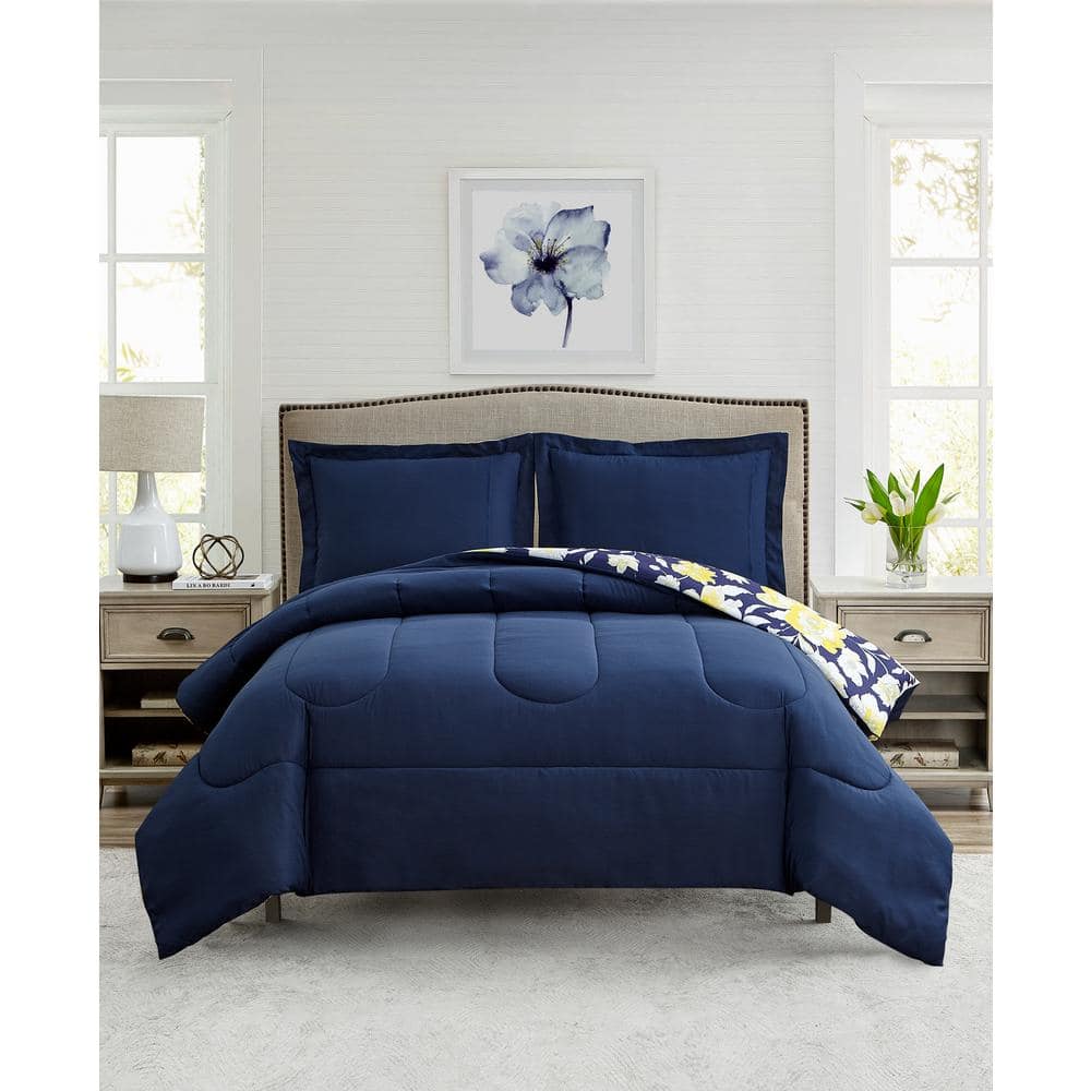 King Navy Yellow Floral Microfiber Comforter Set