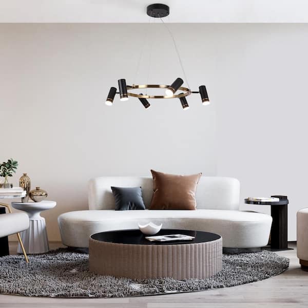 31.5 in. 36-Watt Modern 6-Light Black Integrated LED Sputnik Chandelier, Brass Gold Pendant Light with Cylinder Shade