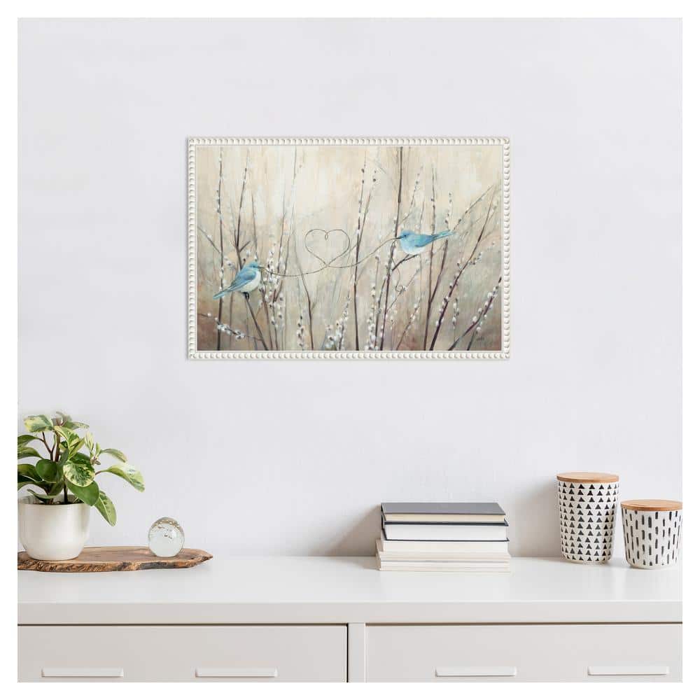23"x16" Pretty Birds Neutral String Canvas Wall Art with White Beaded Frame