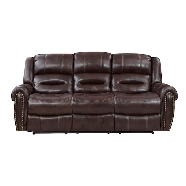 EVERGLADE HOME Dasha 88 in. W Rolled Arm Faux Leather Straight Double Reclining Sofa in Brown