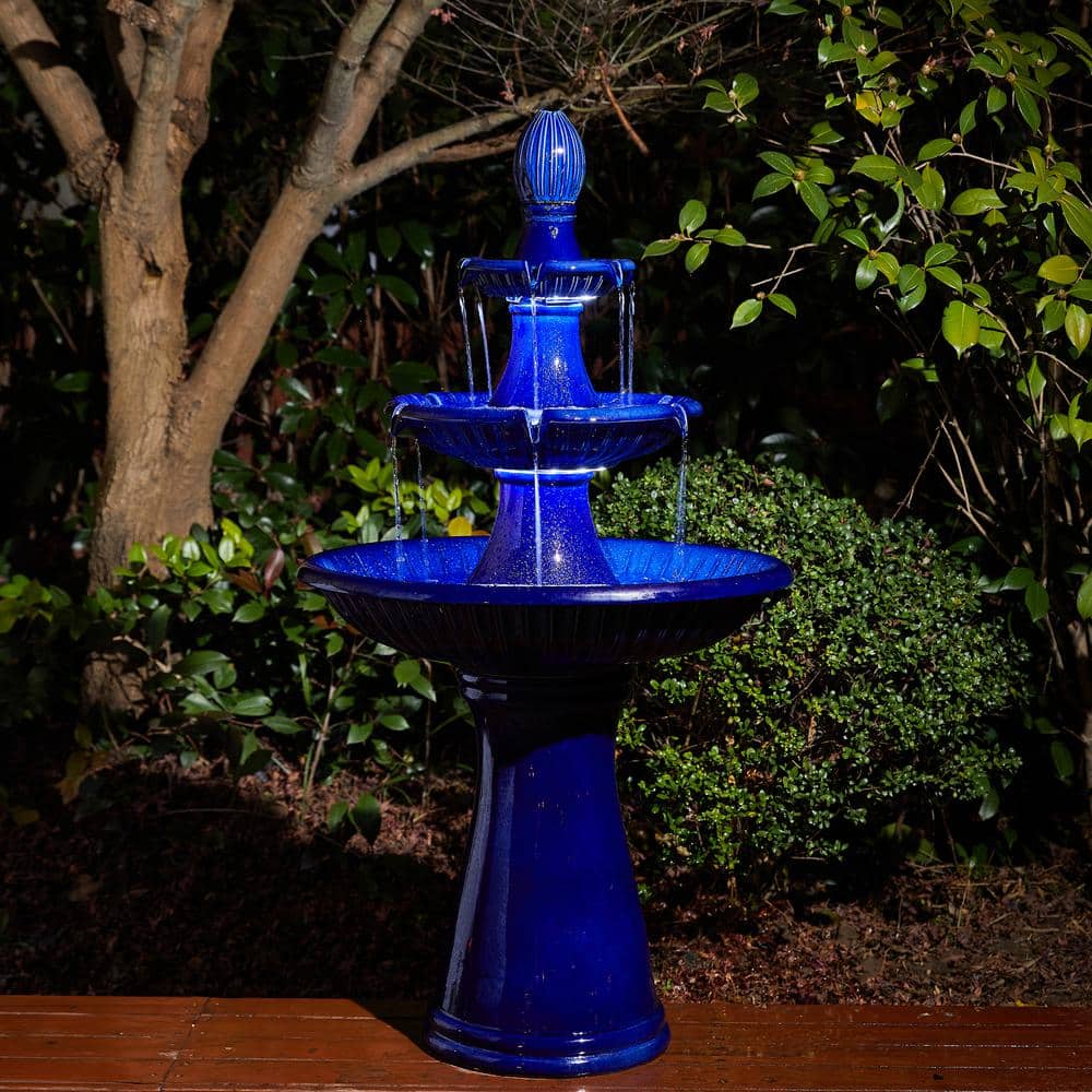 45.25" Cobalt Blue Ceramic 3-Tier Outdoor Fountain with LED Light