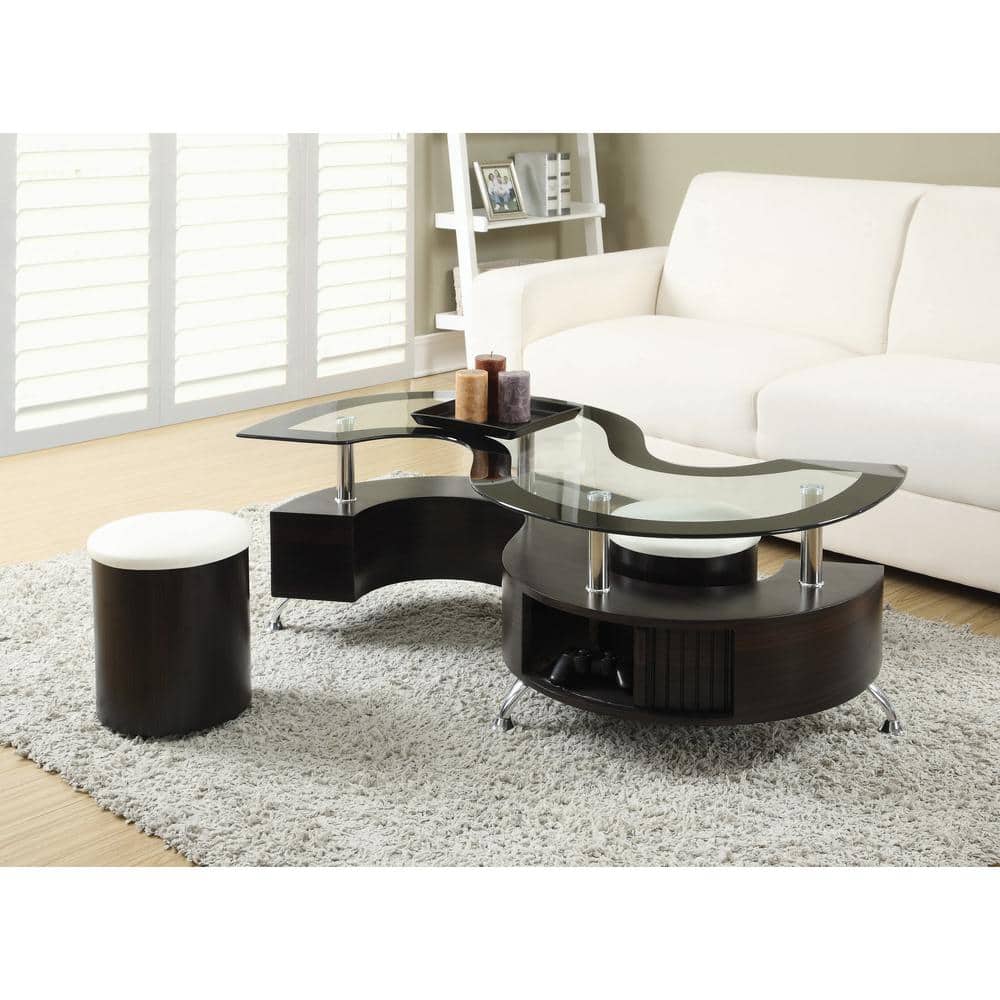 Serpentine Cappuccino Coffee Table with Chrome Accents and Stools