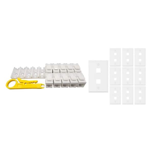 10-Pack 1-Gang White Keystone Plastic Wall Plates 2-Port and 10 Cat 6A RJ45 Keystone Jacks White