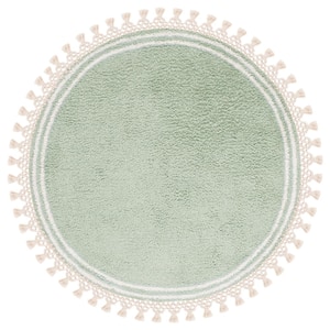 Easy Care Teal/Ivory 3 ft. x 3 ft. Machine Washable Border Solid Color Round Area Rug
