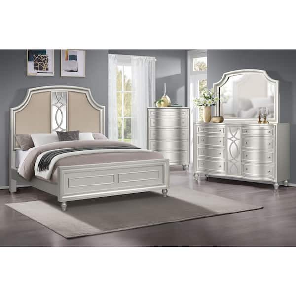 NEW CLASSIC HOME FURNISHINGS New Classic Furniture Reflections 4-Piece Silver Wood Queen Bedroom Set (B/Dr/Mr/Ch)