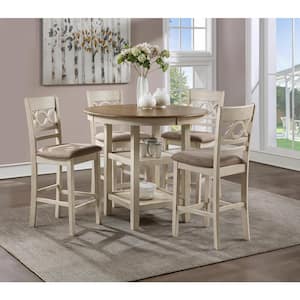 Cori 5-Piece Bisque and Brown Counter Dining Set with 42  in. Round Counter Table and 4-Chairs