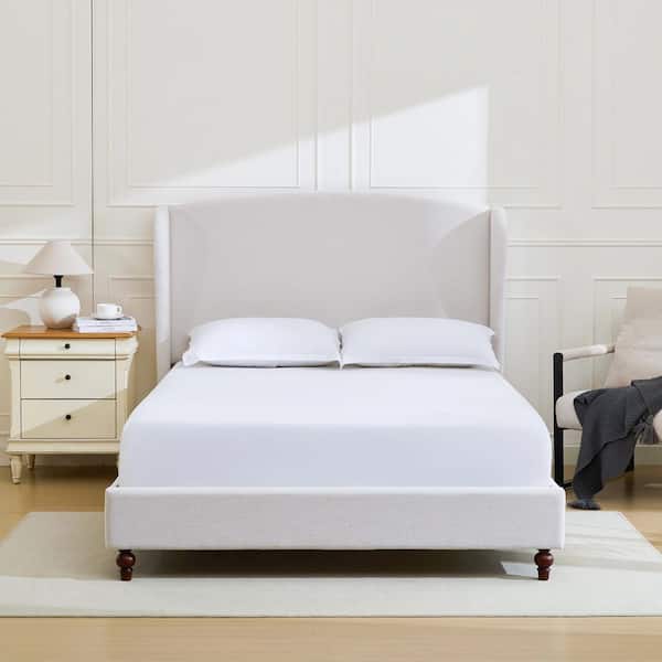 Noble House Arlo Modern Ivory White Canvas Fabric Upholstered Metal Frame Queen Size Platform Bed with Wingback Headboard