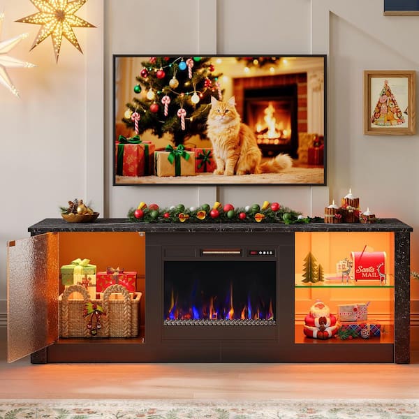 63 in. Freestanding Electric Fireplace TV Stand Media Console Fits TVs Up to 70 in. with Cabinet in Black Marble