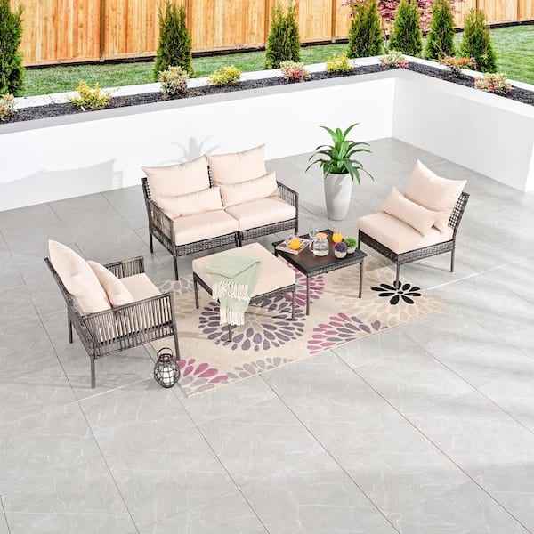 Patio Festival 6-Piece Wicker Outdoor Conversation Set with Beige Cushions