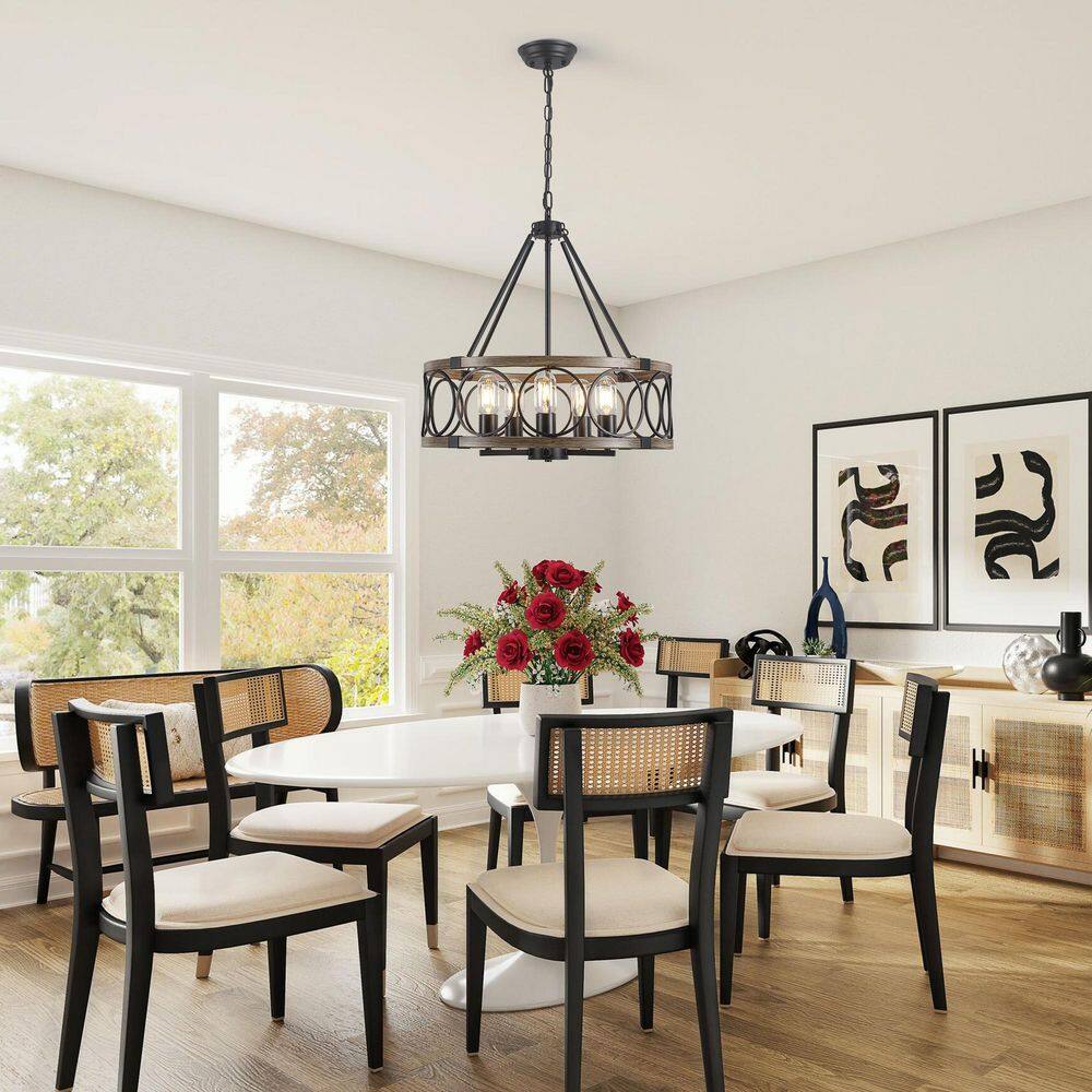 Boswell Quarter 20 in 5-Light Black/Brown Drum Farmhouse Rustic Chandelier for Kitchen Island with no bulbs included price history on PriceWatchPro