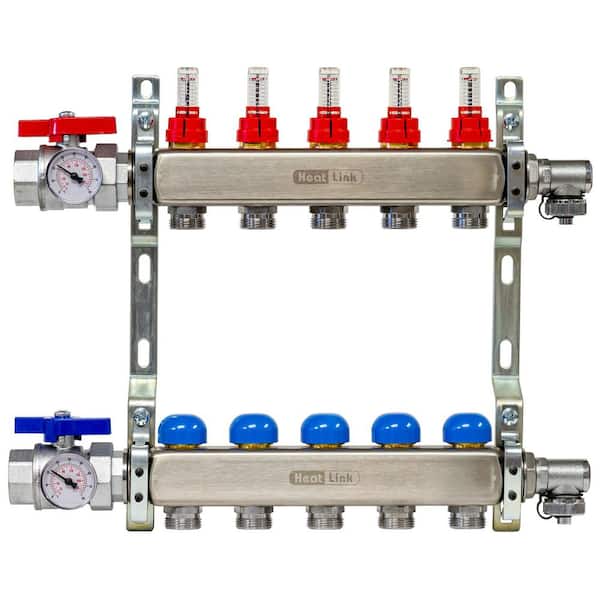 5 Loop 1 in. FNPT x 1/2 in. PEX-B Barb 1-1/4 in. Stainless Steel Radiant Heat Manifold with Flow Meters