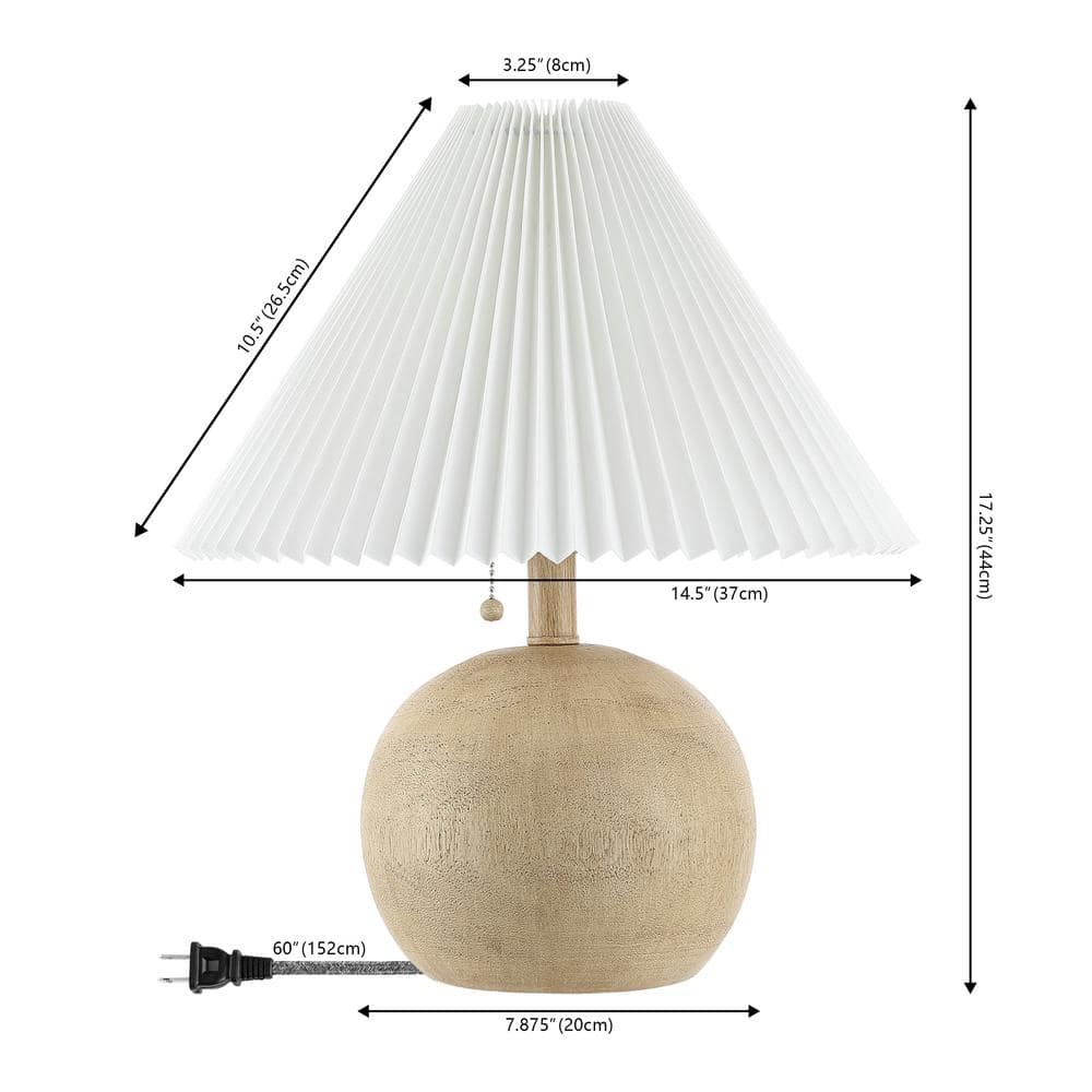 Beige Wood Finish Round Resin Bedside Table Lamp with Linen Shade