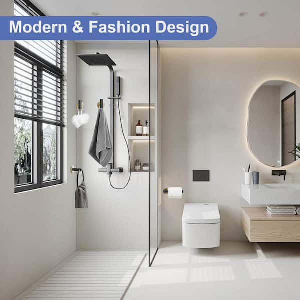 4-Piece Bath Hardware Set With Robe Hooks, Towel Ring, Toilet Paper Holder Modern in Black Gold