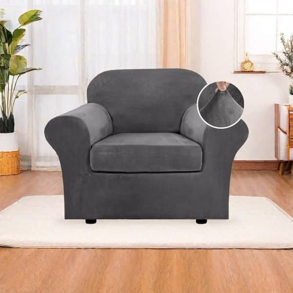 Angel Sar Gray 2-Piece Velvet Stretch Chair Cover, Sofa Slipcover, Furniture Protector with Elastic Bottom for 1-Cushion Chair