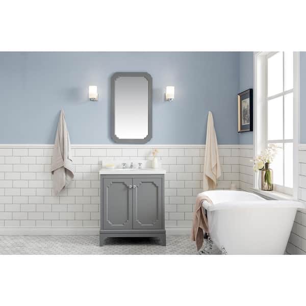 Water Creation Queen 30 in. Bath Vanity in Cashmere Grey with Quartz Carrara Vanity Top with Ceramics White Basins and Mirror