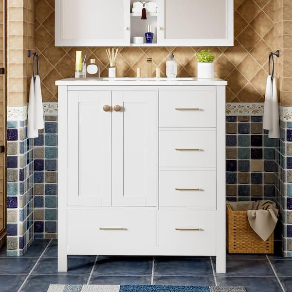 30 in. Single Sink White Bath Vanity with White Ceramic Top, 4-Drawers, Soft Closing Doors