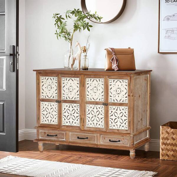 PHI VILLA Storage Cabinet Buffet Sideboard - Distressed White, Hollow Carved Doors