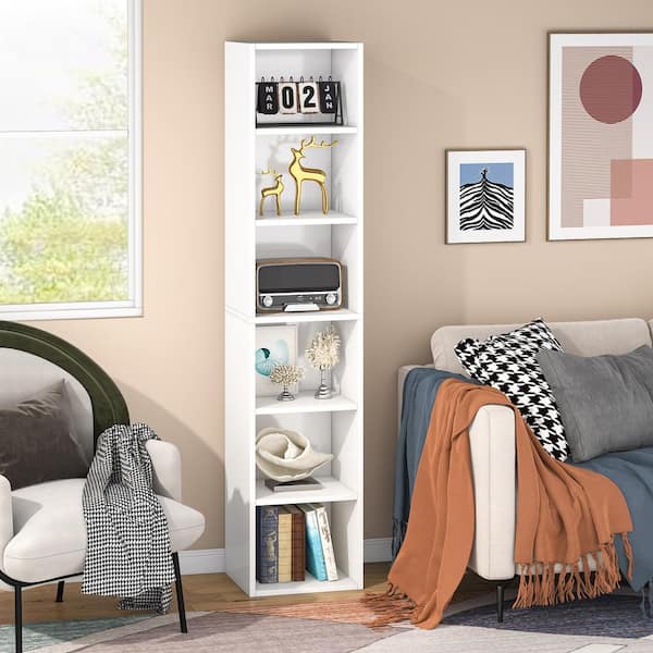 Eulas 71 in. Tall White Engineered Wood 6-Shelf Narrow Bookcase, Corner Bookshelf Cube Display Shelf for Small Space