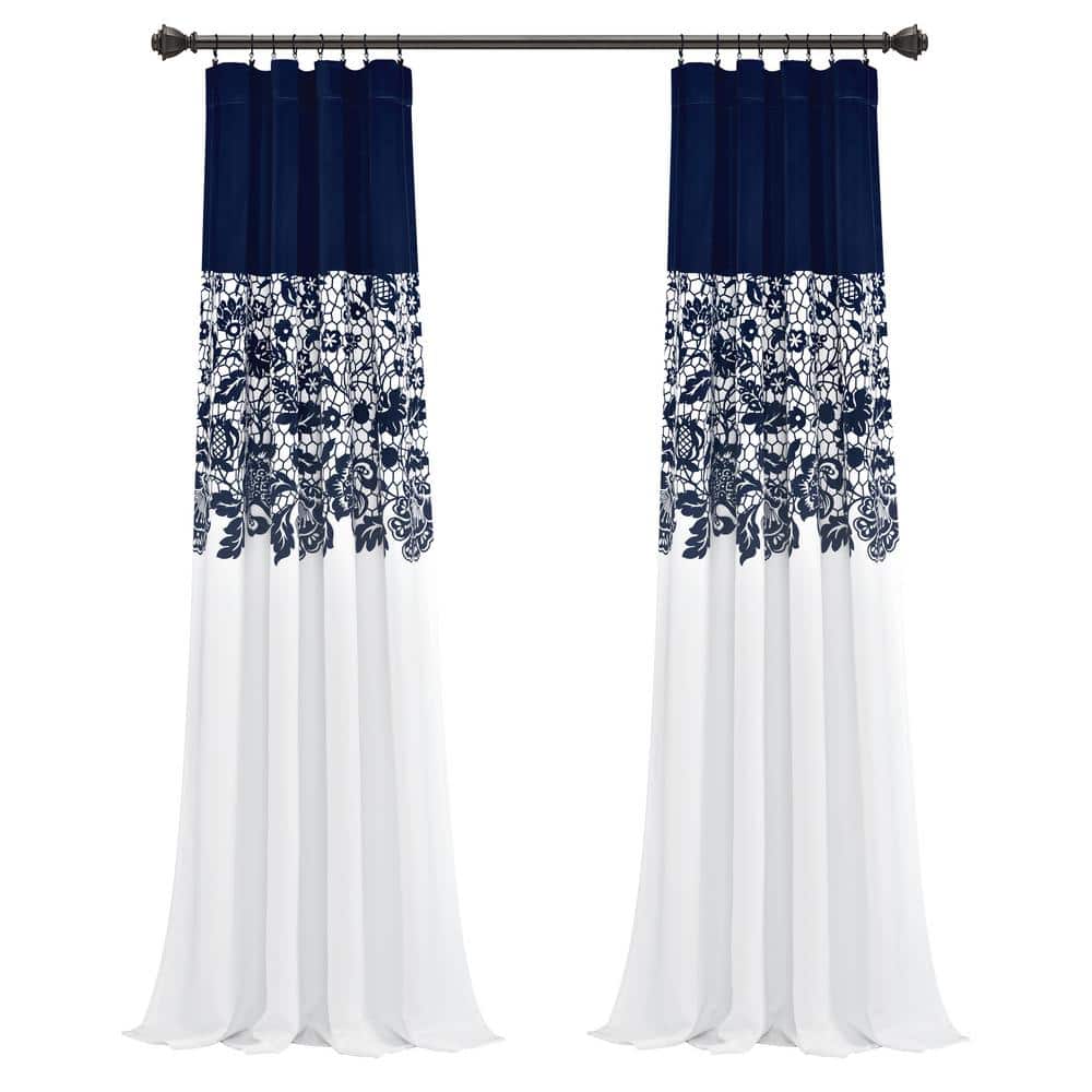 Navy and White Floral Blackout Polyester Window Panels