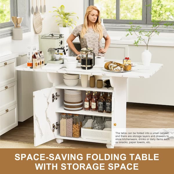 Sudzendf 47 in. White Marble Wood Folding Dining Table with