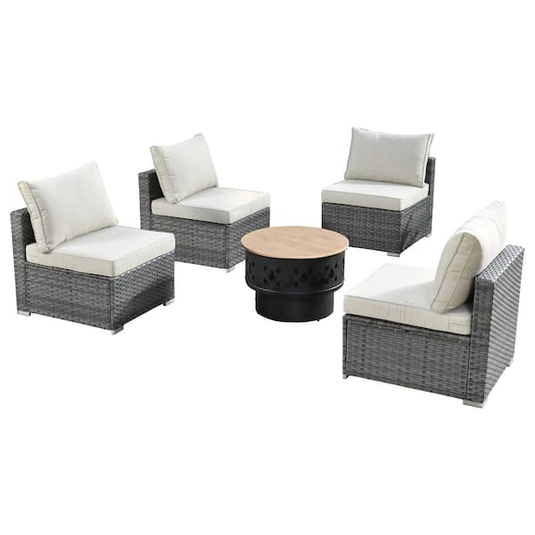 Sanibel Gray 5-Piece Wicker Outdoor Patio Conversation Sofa Chair Set with a Wood-Burning Fire Pit and Beige Cushions