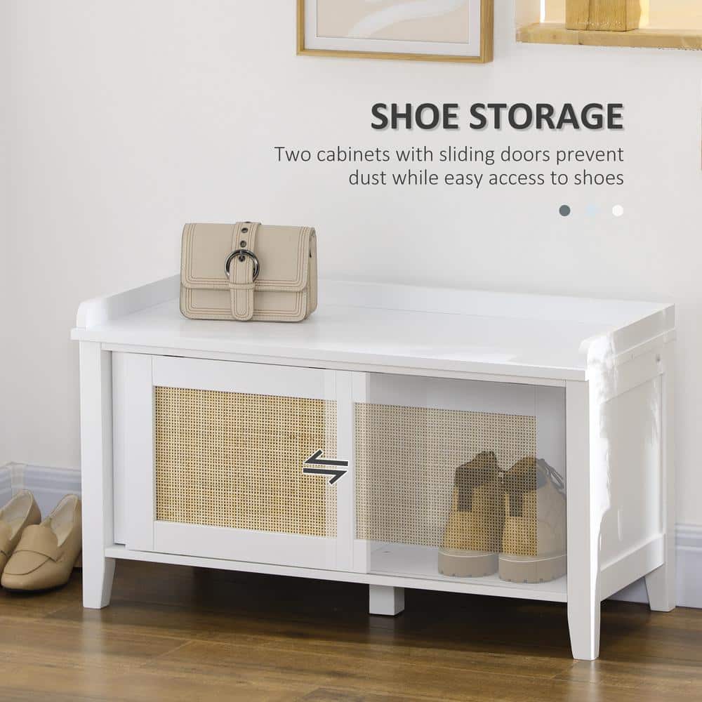 White Pine Wood Shoe Storage Bench with Rattan Sliding Doors