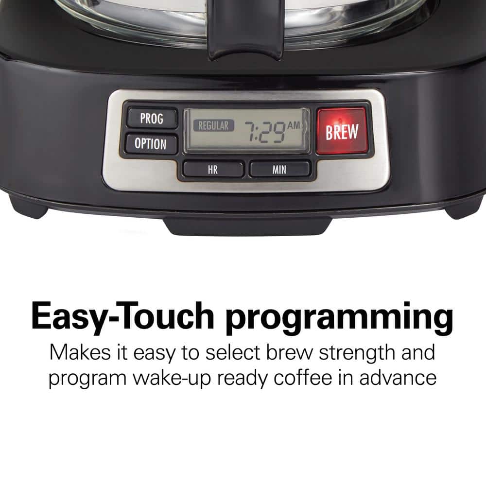 Compact Black and Stainless Steel 5-Cup Coffee Maker with Programmable Clock