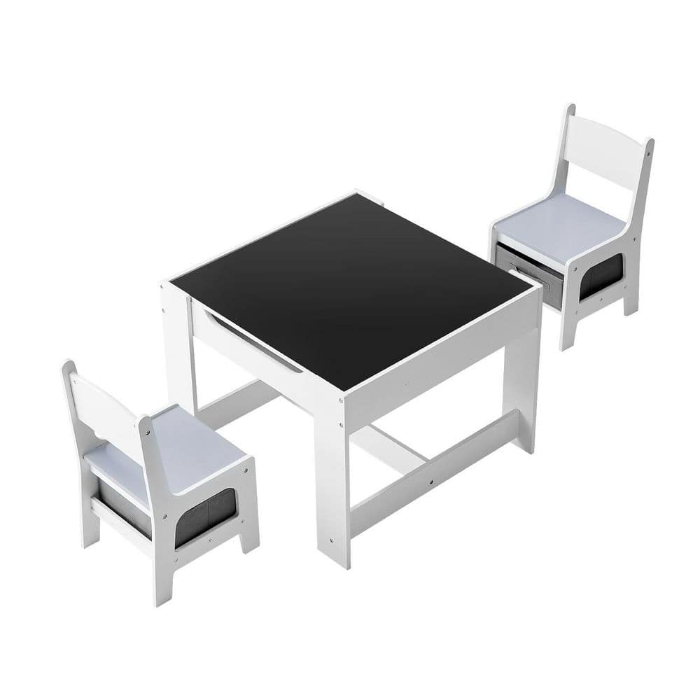 Kids Table & 2 Chairs Set, Toddler Table with Under-Table Storage, Chairs with Cloth Boxes, Wooden Desk for Art, White