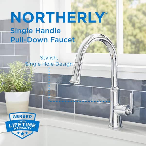 Northerly Single Handle Pull Down Sprayer Kitchen Faucet with Deck Plate 1.75 GPM in Chrome