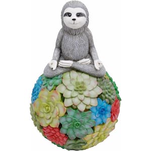 1-Light 9 in. Integrated LED Solar Powered Meditating Sloth with Colorful Succulent Ball