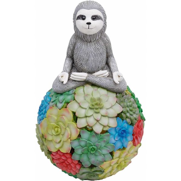 HunnyKome Solar Lighting 1-Light 9 in. Integrated LED Solar Powered Meditating Sloth with Colorful Succulent Ball