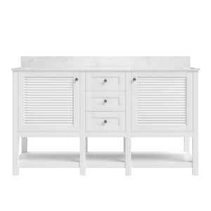 60 in. Double Sink Freestanding White Wood Bath Vanity with White Engineered Marble Top (Assembled)