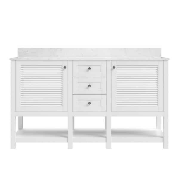 60 in. Double Sink Freestanding White Wood Bath Vanity with White Engineered Marble Top (Assembled)