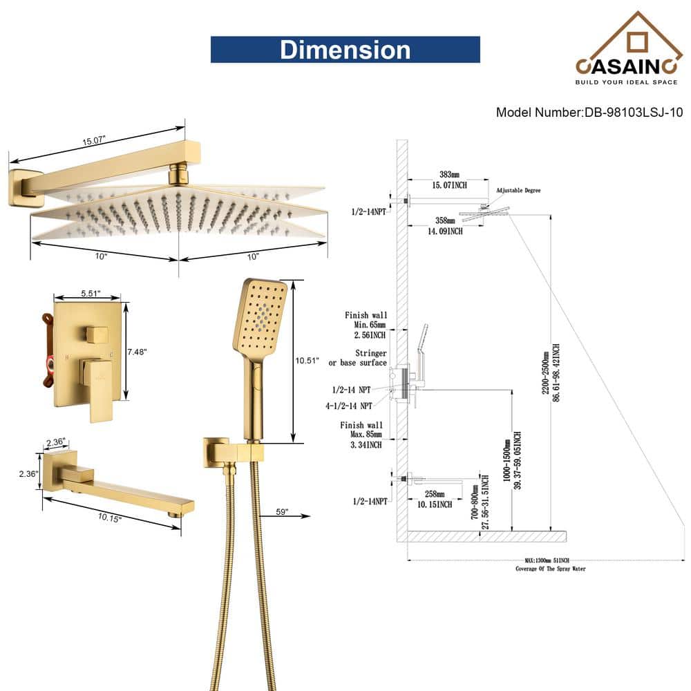 Brushed Gold 10" Square Rainfall Shower System with Handheld