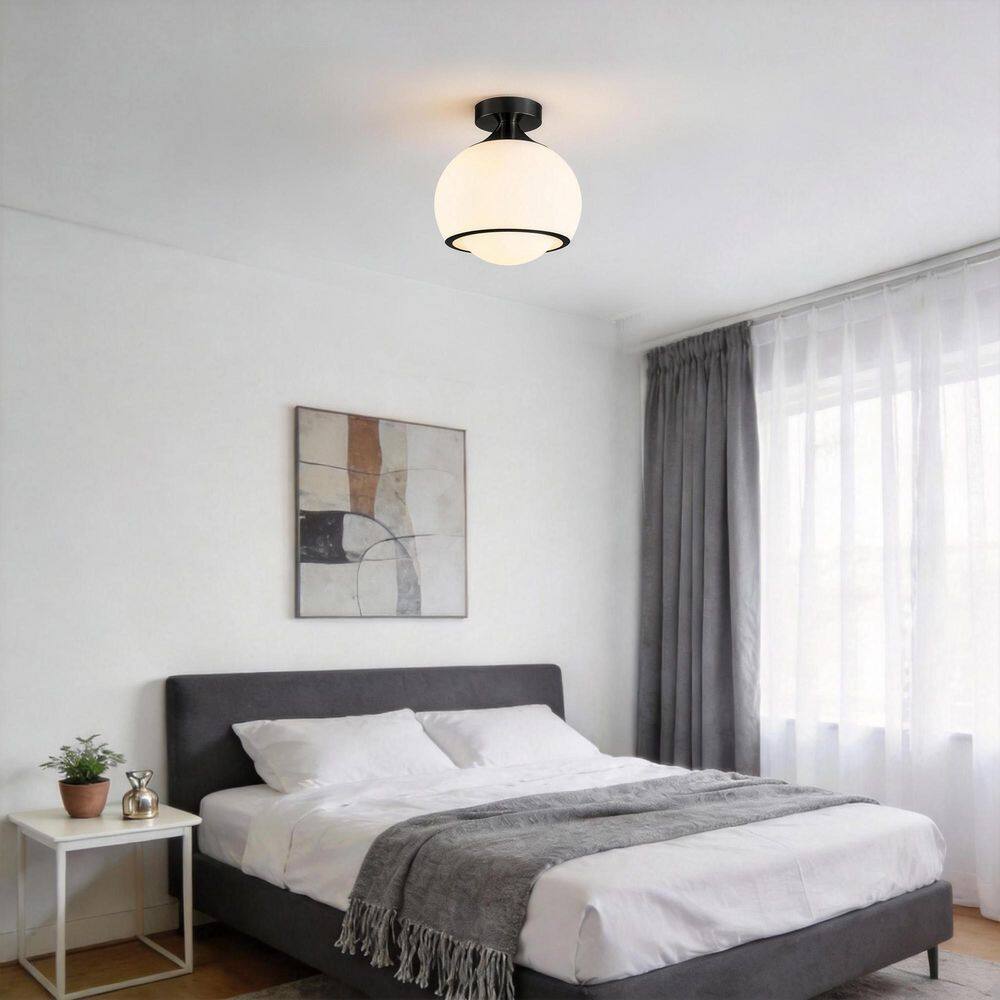 14 in. 1-Light Modern Globe Matte Black Iron Integrated LED Flush Mount For Bedroom Kitchen With White Glass Shade price history on PriceWatchPro